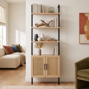 1(20) Modern Boho Ladder Bookcase with Rattan Storage Cabinet