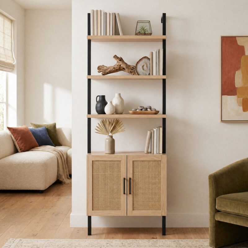 1(20) Modern Boho Ladder Bookcase with Rattan Storage Cabinet