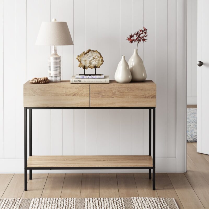 1(28) Modern 2-Drawer Console Table with Lower Display Shelf