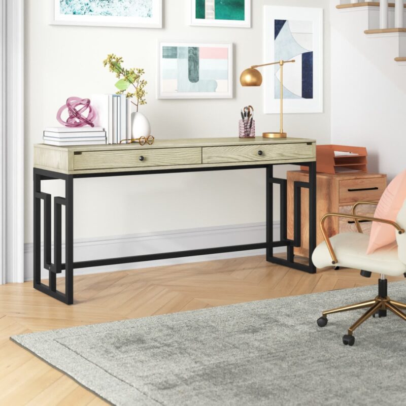 2(12) Modern Writing Desk with Geometric Metal Base & Built-In Power Outlet
