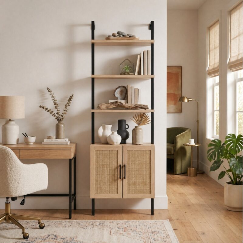 2(20) Modern Boho Ladder Bookcase with Rattan Storage Cabinet