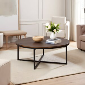 2(25) Modern Round Industrial Coffee Table with Intersecting Metal Base