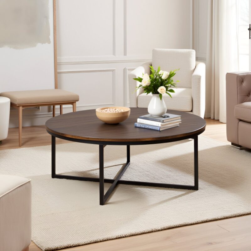 2(25) Modern Round Industrial Coffee Table with Intersecting Metal Base