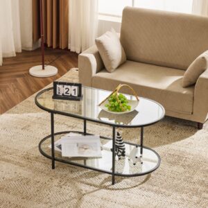 2(29) Modern 2-Tier Oval Glass & Metal Coffee Table