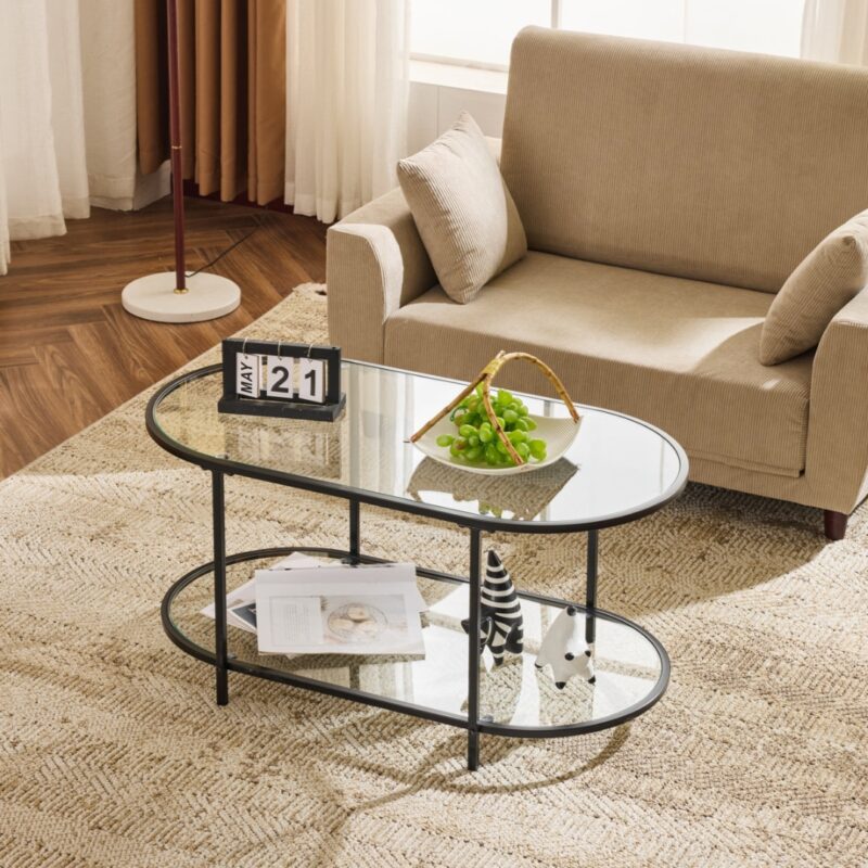 2(29) Modern 2-Tier Oval Glass & Metal Coffee Table
