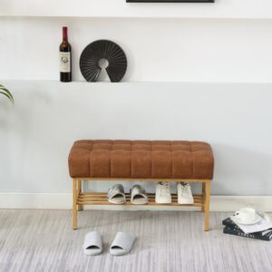 Modern Tufted Upholstered Entryway Bench with Shoe Shelf