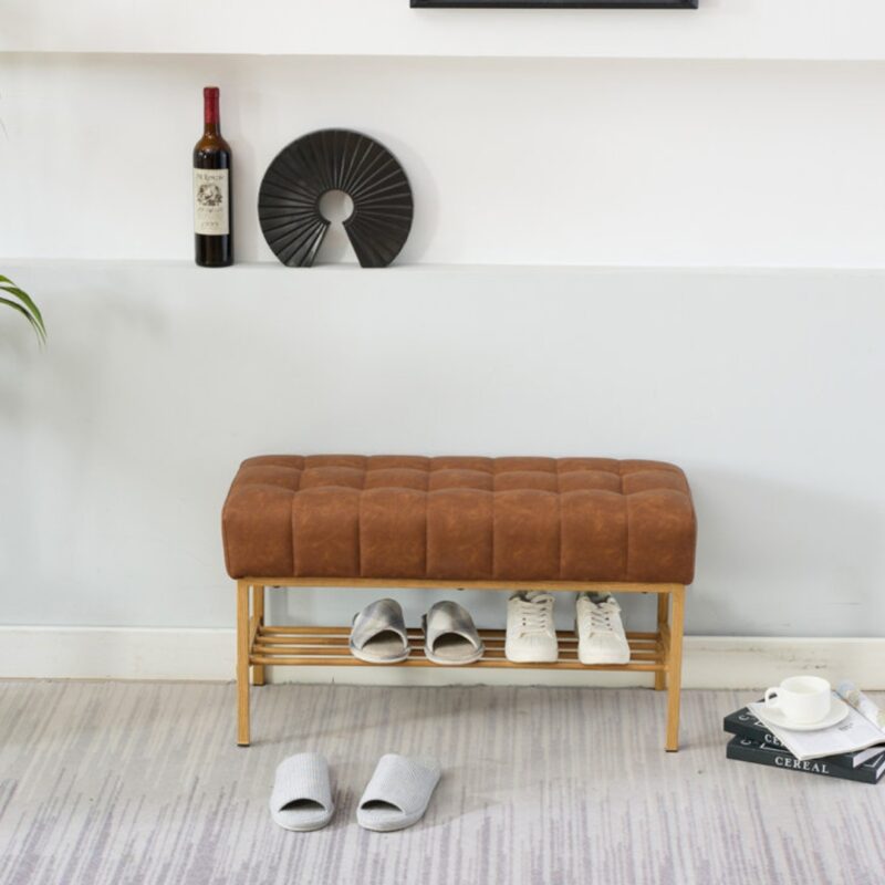 Modern Tufted Upholstered Entryway Bench with Shoe Shelf