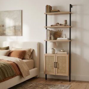 3(19) Modern Boho Ladder Bookcase with Rattan Storage Cabinet