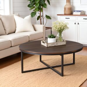 3(24) Modern Round Industrial Coffee Table with Intersecting Metal Base