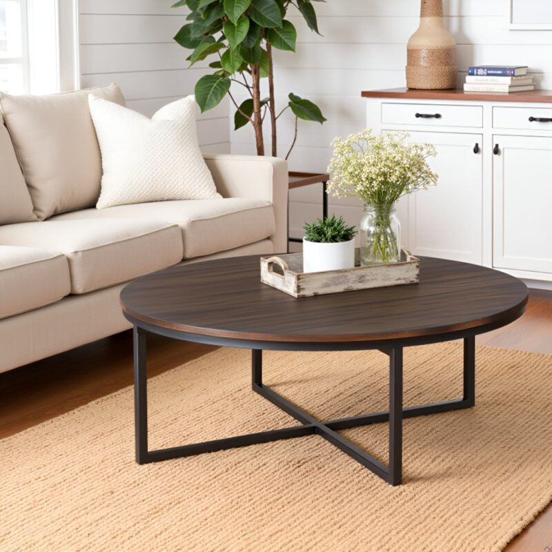 3(24) Modern Round Industrial Coffee Table with Intersecting Metal Base