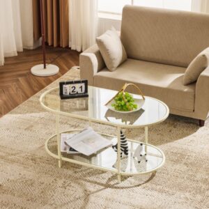 3(28) Modern 2-Tier Oval Glass & Metal Coffee Table