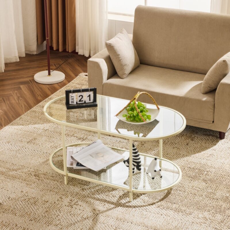 3(28) Modern 2-Tier Oval Glass & Metal Coffee Table