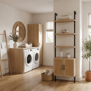 4(19) Modern Boho Ladder Bookcase with Rattan Storage Cabinet