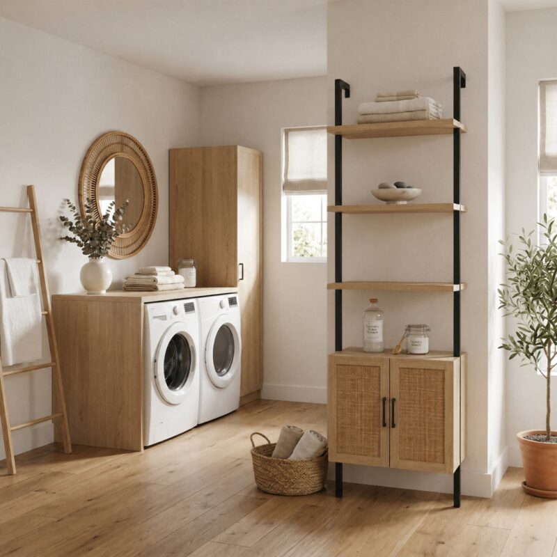 4(19) Modern Boho Ladder Bookcase with Rattan Storage Cabinet