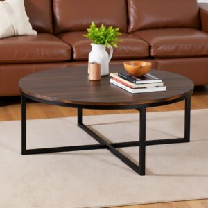 4(24) Modern Round Industrial Coffee Table with Intersecting Metal Base