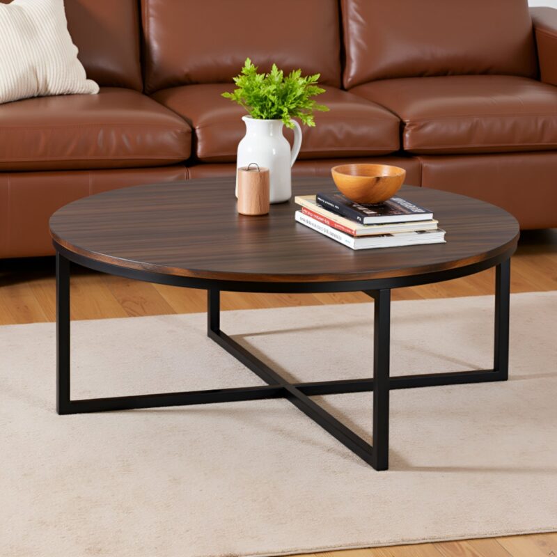 4(24) Modern Round Industrial Coffee Table with Intersecting Metal Base