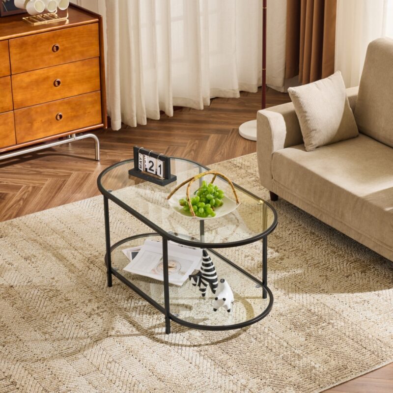 4(28) Modern 2-Tier Oval Glass & Metal Coffee Table