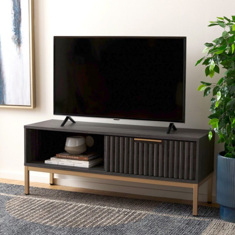 4(30) Modern Slatted TV Stand with Sliding Door