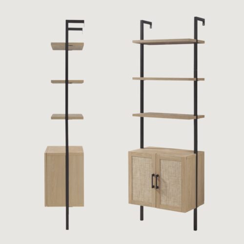 5(12) Modern Boho Ladder Bookcase with Rattan Storage Cabinet