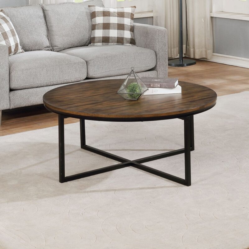5(17) Modern Round Industrial Coffee Table with Intersecting Metal Base