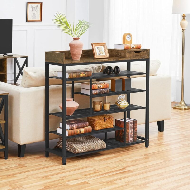5(5) Modern 6-Tier Metal Shoe Rack with Storage Drawer