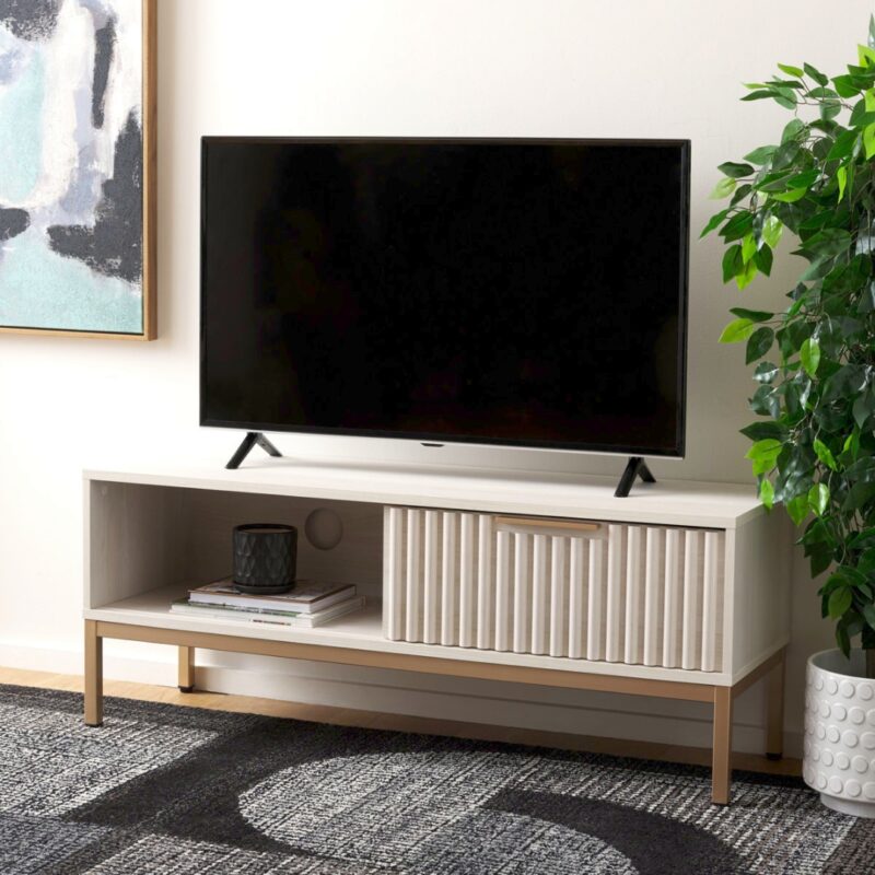 6(18) Modern Slatted TV Stand with Sliding Door