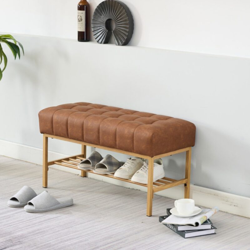 Modern Tufted Upholstered Entryway Bench with Shoe Shelf
