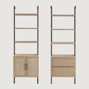 6(9) Modern Boho Ladder Bookcase with Rattan Storage Cabinet