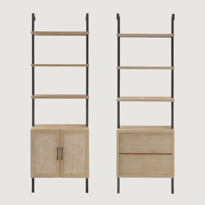 6(9) Modern Boho Ladder Bookcase with Rattan Storage Cabinet