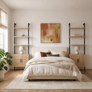 7(3) Modern Boho Ladder Bookcase with Rattan Storage Cabinet