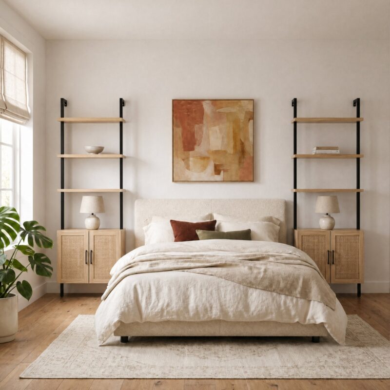 7(3) Modern Boho Ladder Bookcase with Rattan Storage Cabinet