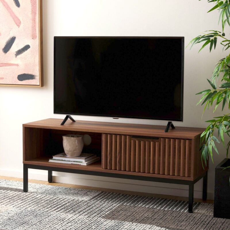 7(6) Modern Slatted TV Stand with Sliding Door