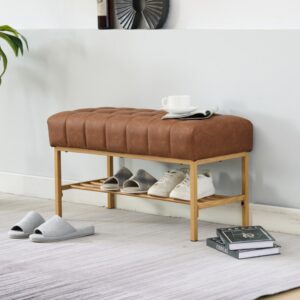 Modern Tufted Upholstered Entryway Bench with Shoe Shelf