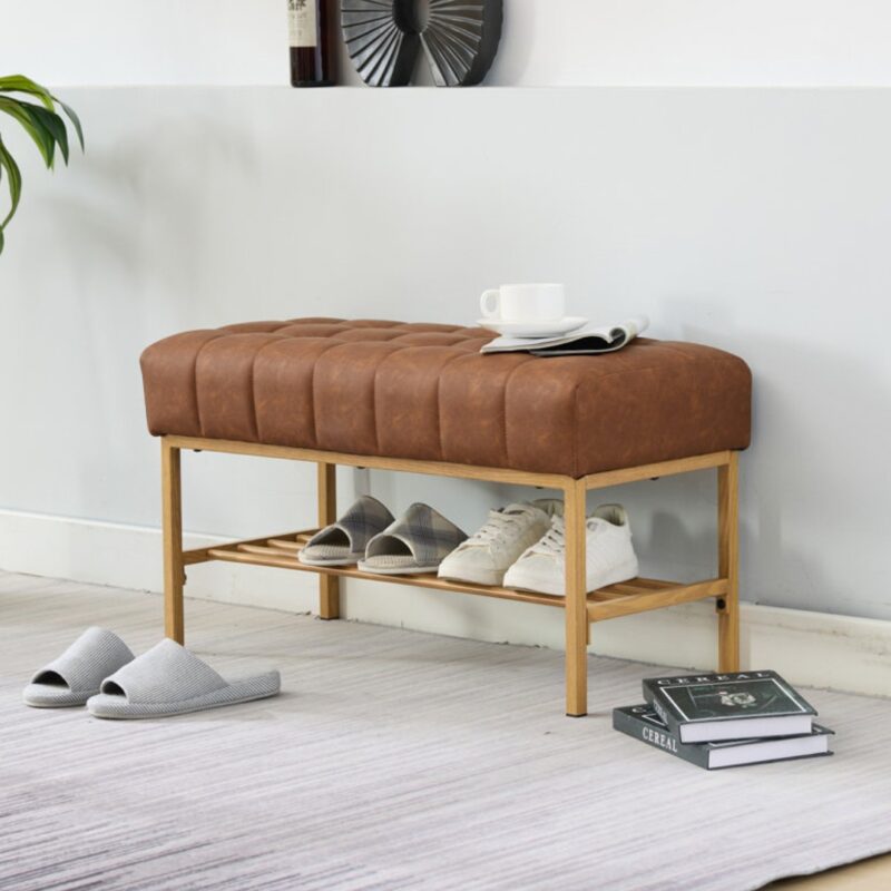 Modern Tufted Upholstered Entryway Bench with Shoe Shelf