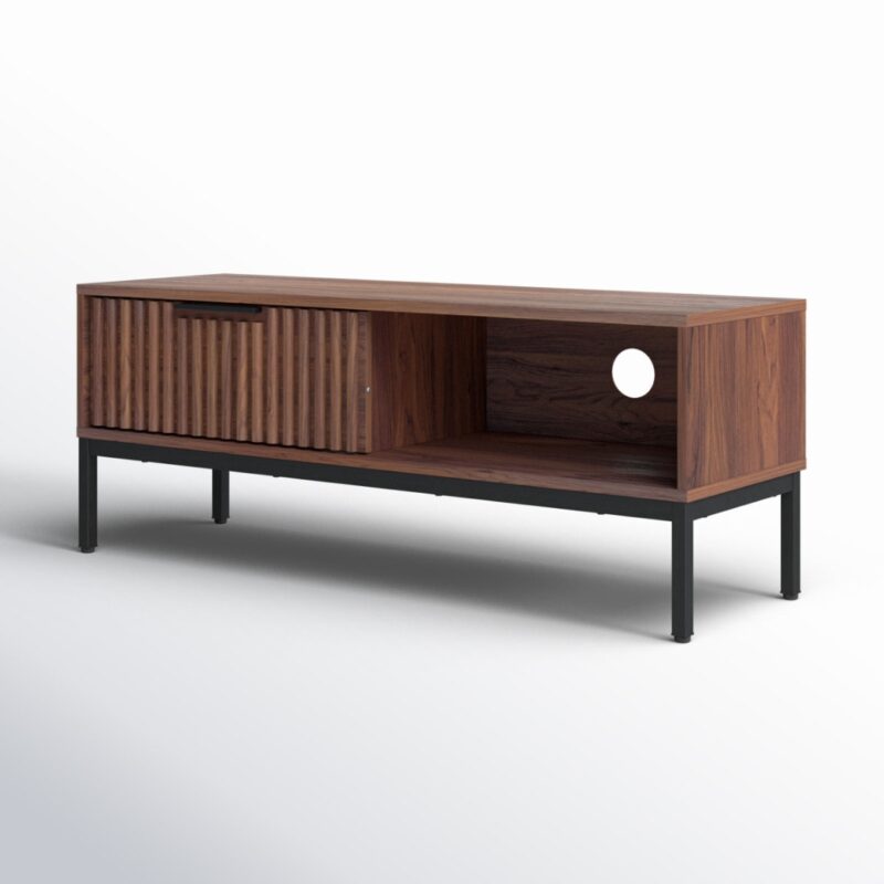 8(2) Modern Slatted TV Stand with Sliding Door